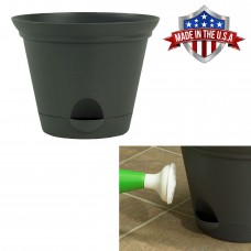 11.5 Inch Flat Gray Plastic Self Watering Flare Flower Pot or Garden Planter   